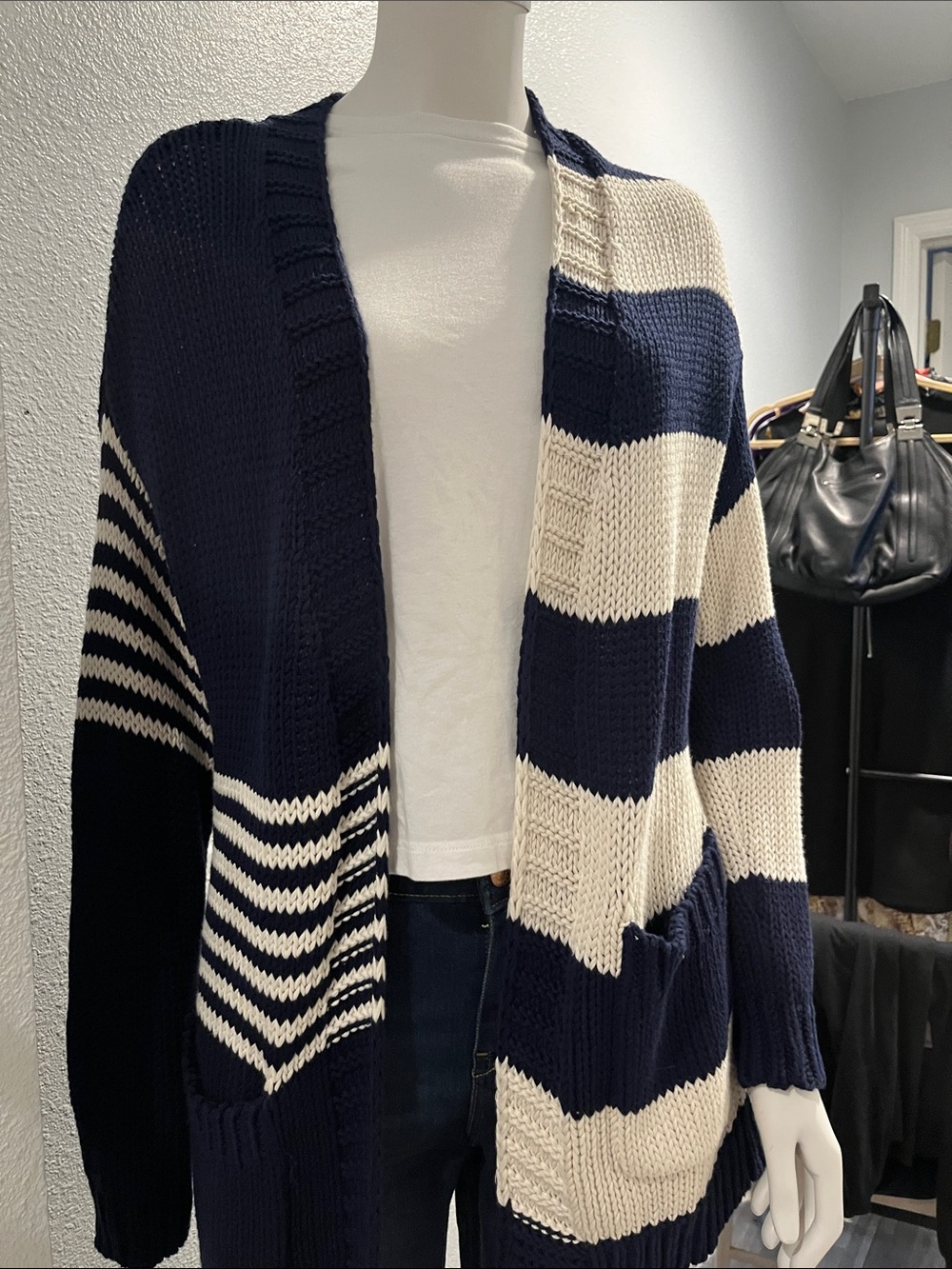 Tommy Bahama Navy and Cream Striped Open-Front Women's Cardigan Sweater XS/TP